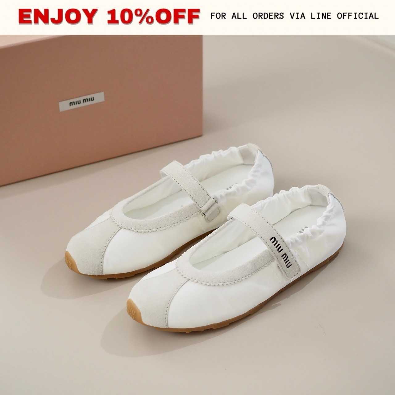 NEW! MIUMIU Plume Technical Fabric And Suede Ballerinas สี White | Shoes