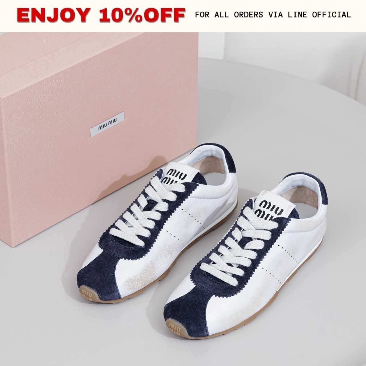NEW! MIUMIU Plume Nappa Leather And Suede Sneakers สี White/Blue | Shoes