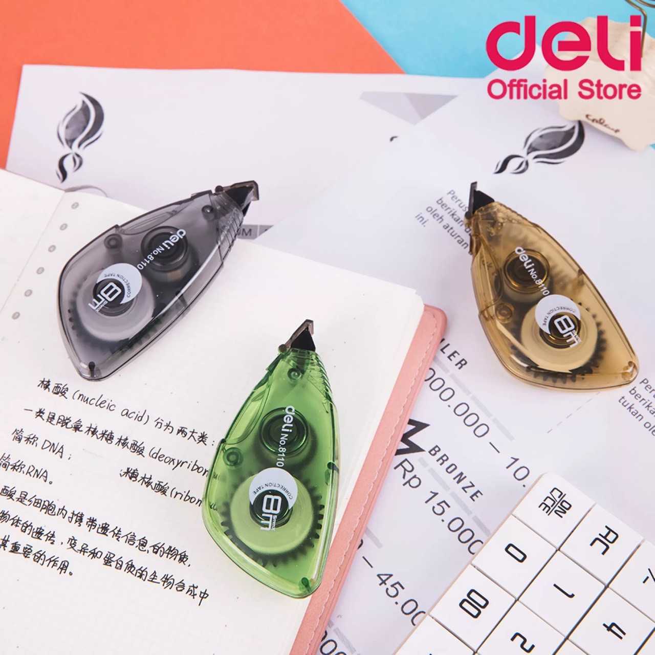 เทปลบคำผิด No.8110 Deli 5mmx8m สามสีให้เลือก สีเขียว/น้ำตาล/ดำ ใช้ดีมากรุ่นนี้ คุ้มค่าคุ้มราคา