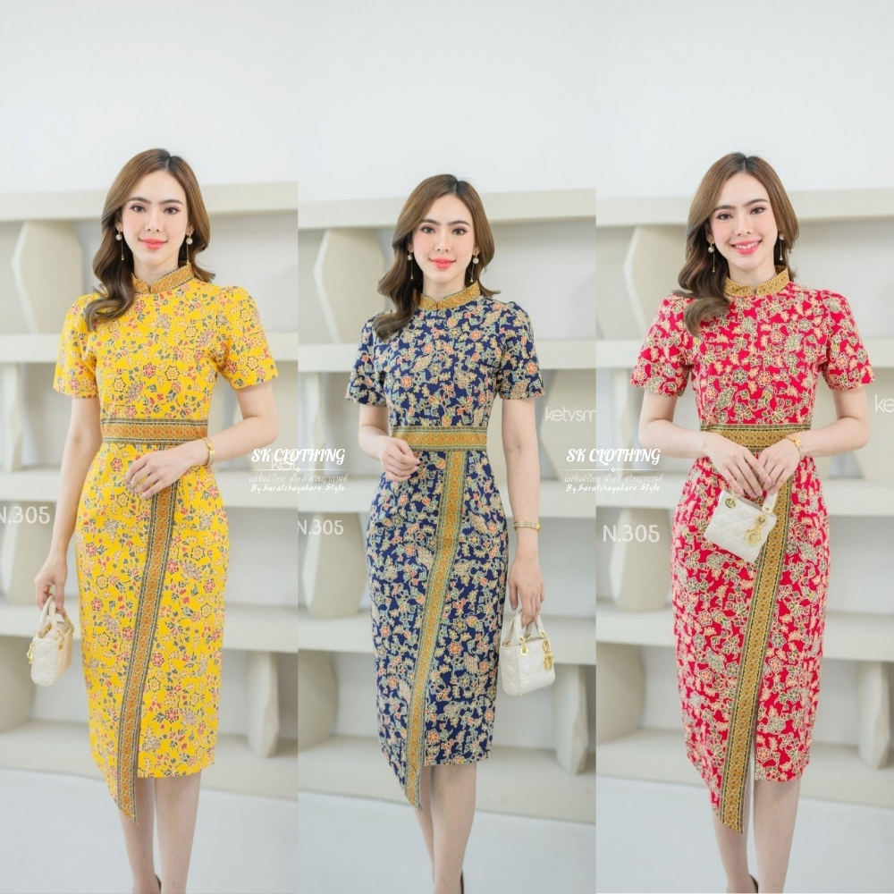 ชุดเดรสผ้า cotton พิมลายปาเตีะ ชุดเดรสปาเต๊ะ คอจีน ผ่าหน้า ยาว 42 นิ้ว งานเข้ารูปเข้าทรง สวยมาก