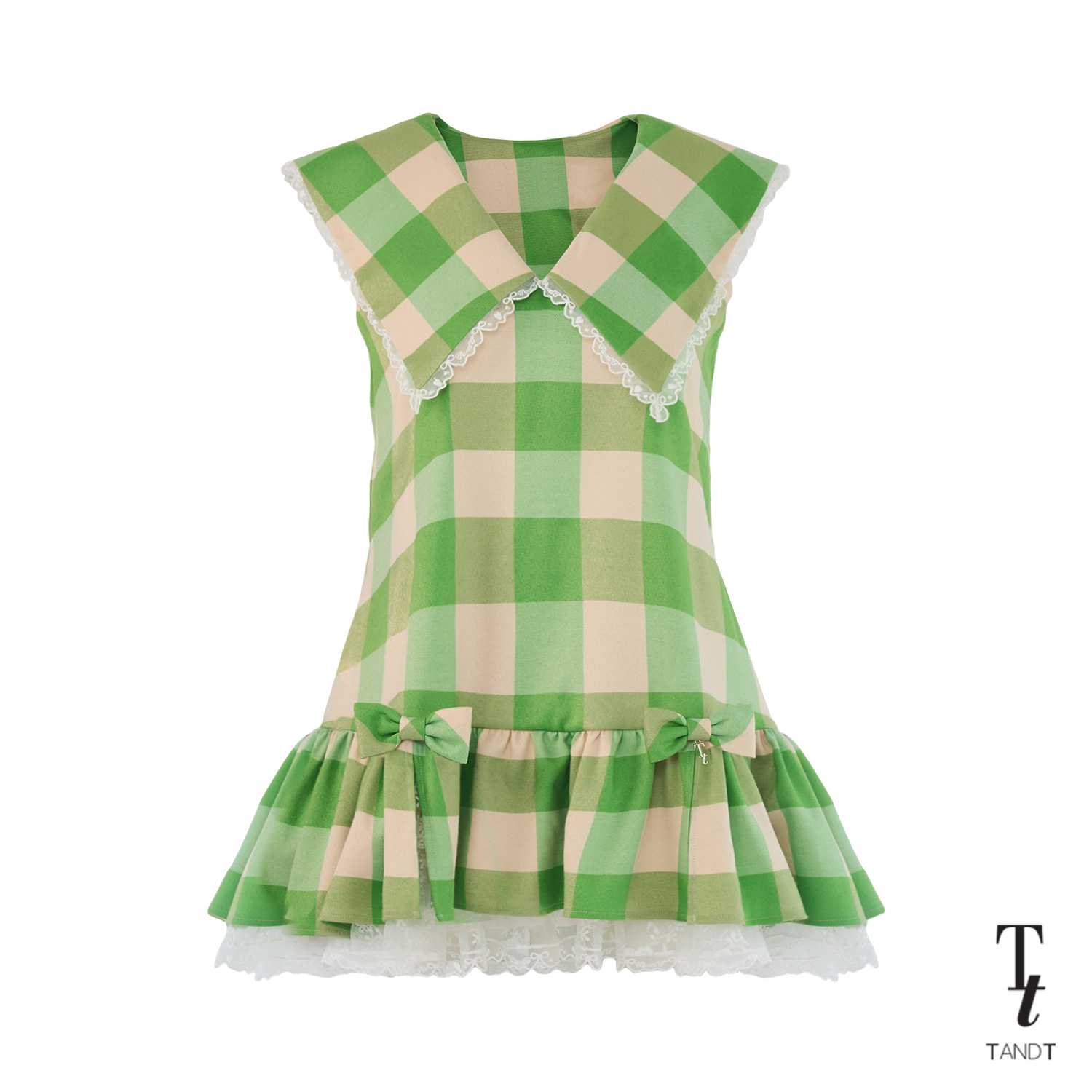 ROLMILDA - SAILOR COLLAR BOW AND LACE TRIMMED GINGHAM MINI DRESS