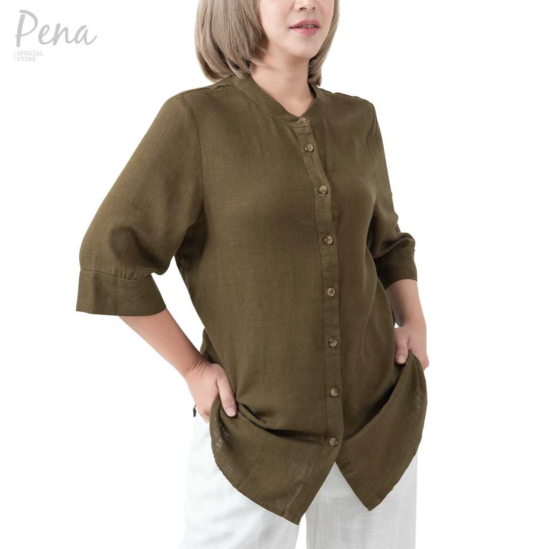Pena house เสื้อทูนิคเชิ๊ตคอจีน ทรงหลวม แขนสามส่วน PWSS102401