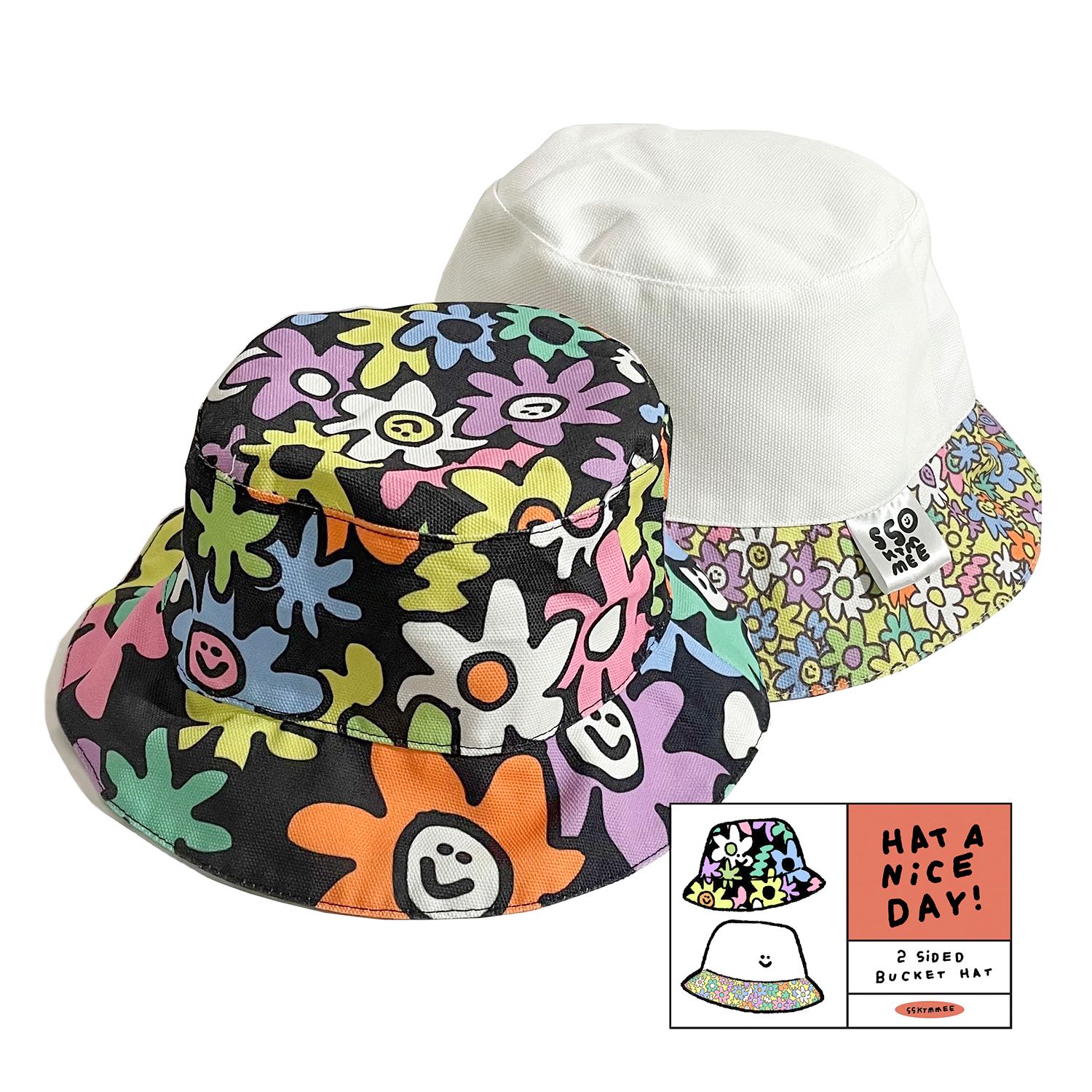 2sided bucket hat - flower (black)