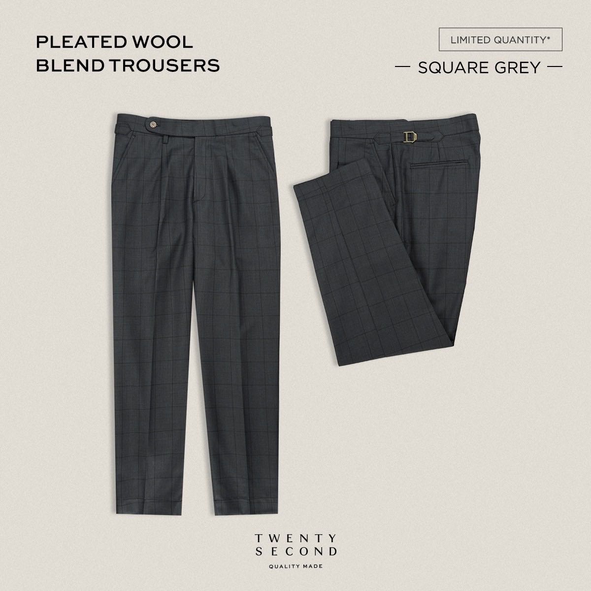 PLEATED WOOL BLEND TROUSERS - SQUARE GREY