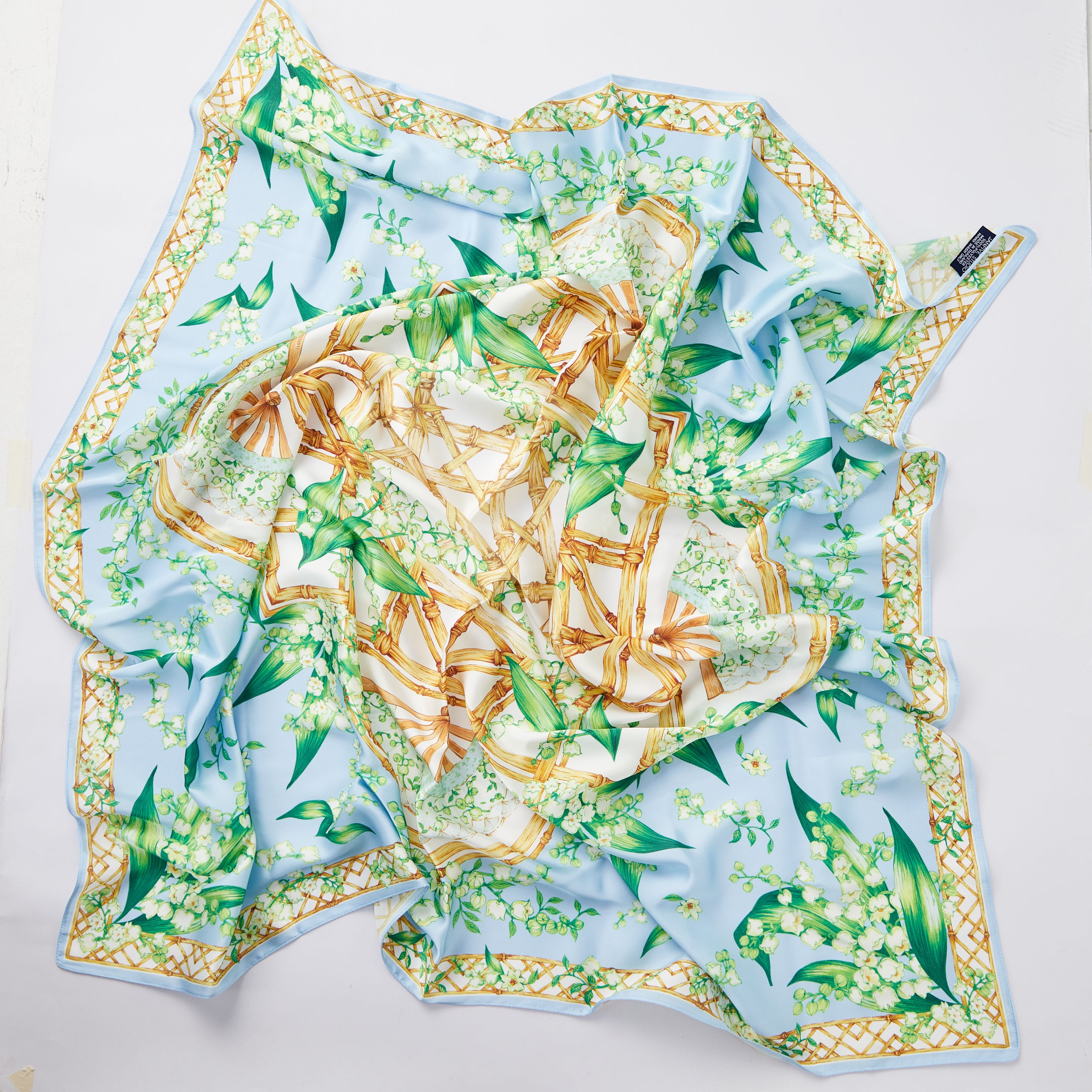 Satin square scarf 90x90 cm. Lily of the Valley - SKY