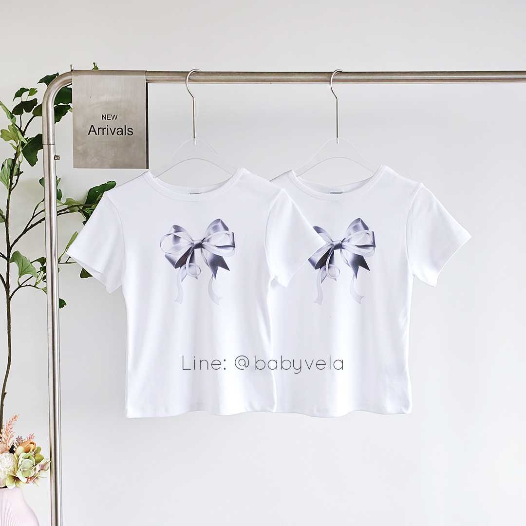 RonRon Double Ribbon Slim Crop T-Shirt (White Silver)