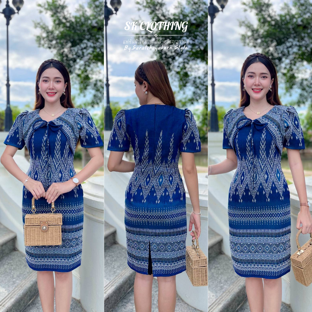 ชุดเดรสผ้าทอลาย ชุดผ้าไทยเนื้อฝ้าย แต่งกั๊ก โบว์ไส้ไก่สามารถผูกเองได้ ใส่ได้หลายโอกาส