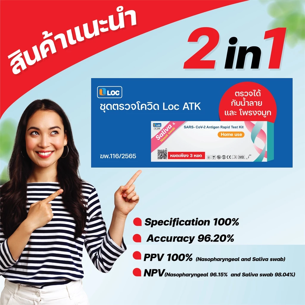LOC SARS-CoV-2 ATK ชุดตรวจโควิด - 19  1 ชิ้น ใช้ตรวจได้กับน้ำลายในช่องคอ และโพรงจมูก