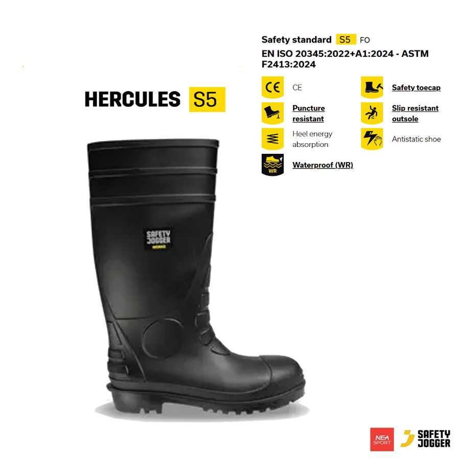 SAFETY JOGGER HERCULES S5 รองเท้าบู้ทยางเซฟตี้ หัวเหล็ก พื้นกันทะลุ กันลื่น มาตรฐานสากล