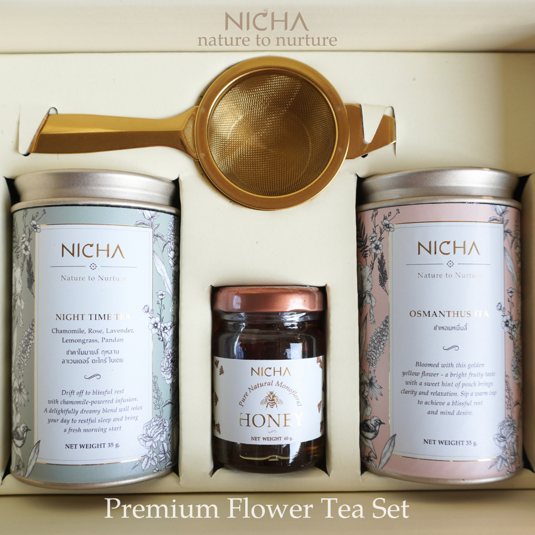 เซตชาดอกไม้มงคลรุ่นพรีเมียม NICHA Premium Flower Tea Set ในกล่องสีงาช้าง