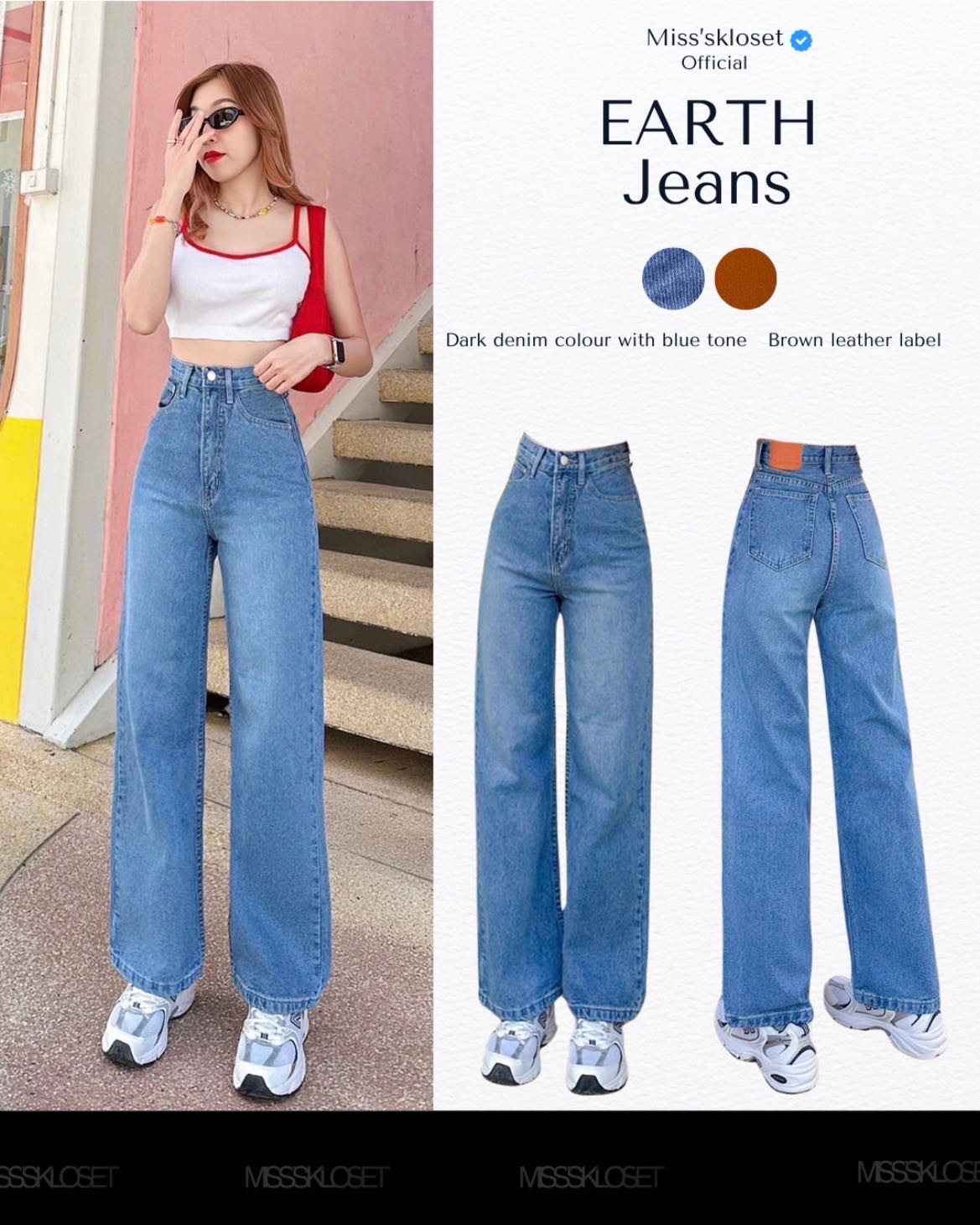 Earth.jeans💗กระบอกลิซ่า2ความยาวสีเข้มกางเกงยีนส์เอวสูงขากระบอกใส่สบายพลางหุ่น