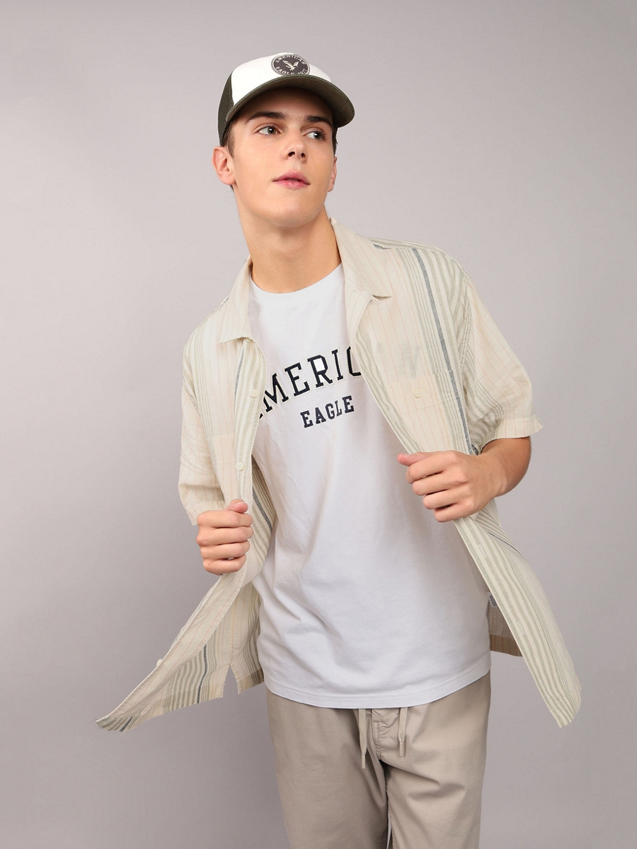 เสื้อเชิ้ต ผู้ชาย KENT STRIPE SS OVERSIZED CAMP COLLAR 2 PKT CURTIS LINEN SHIRT ( 015-2535-196 )