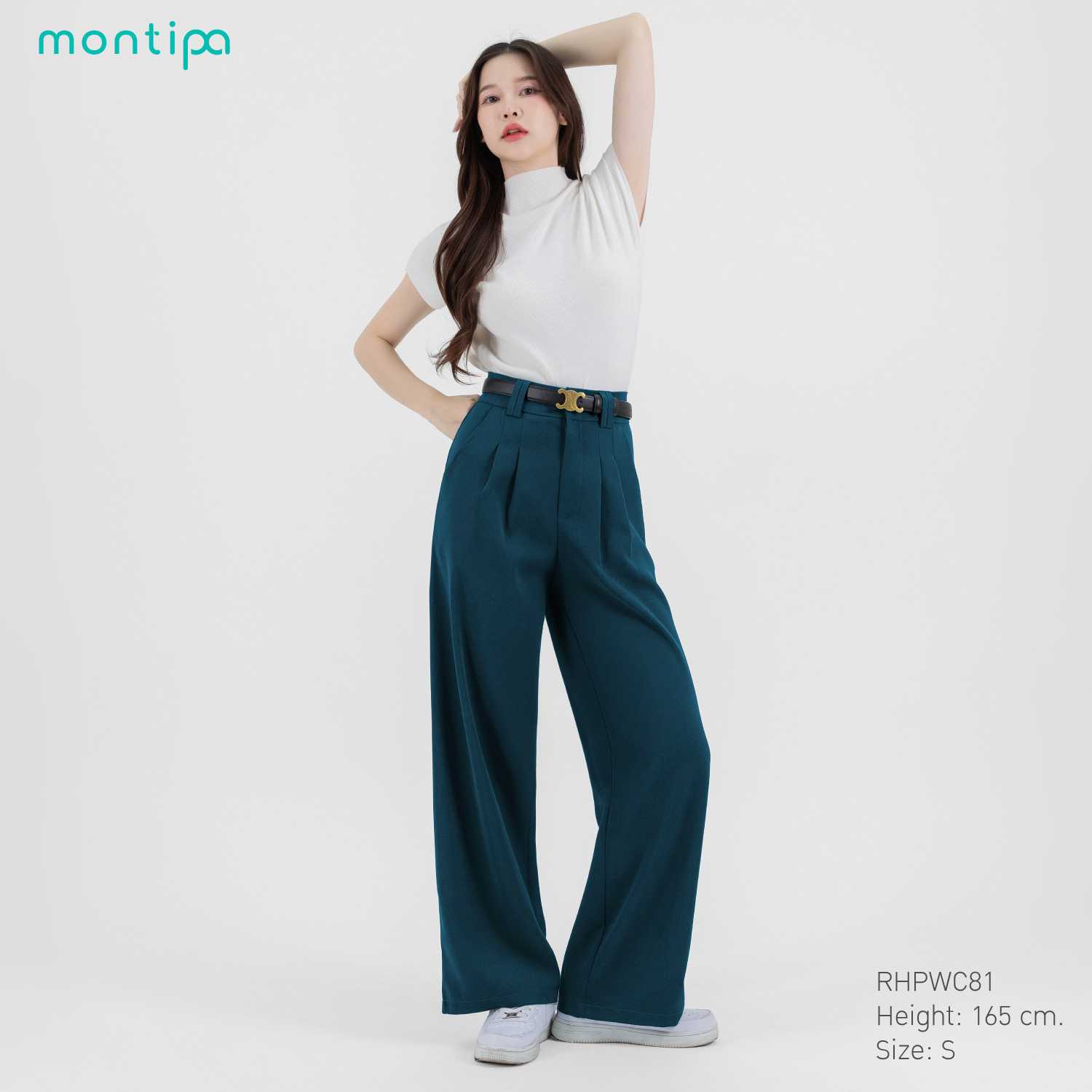 Montipa กางเกงทรงกระบอกใหญ่ ตะขอและซิปหน้า แต่งจีบด้านหน้า ดีเทลหูเข็มขัดคู่ ผ้า Comfort RHPWC81