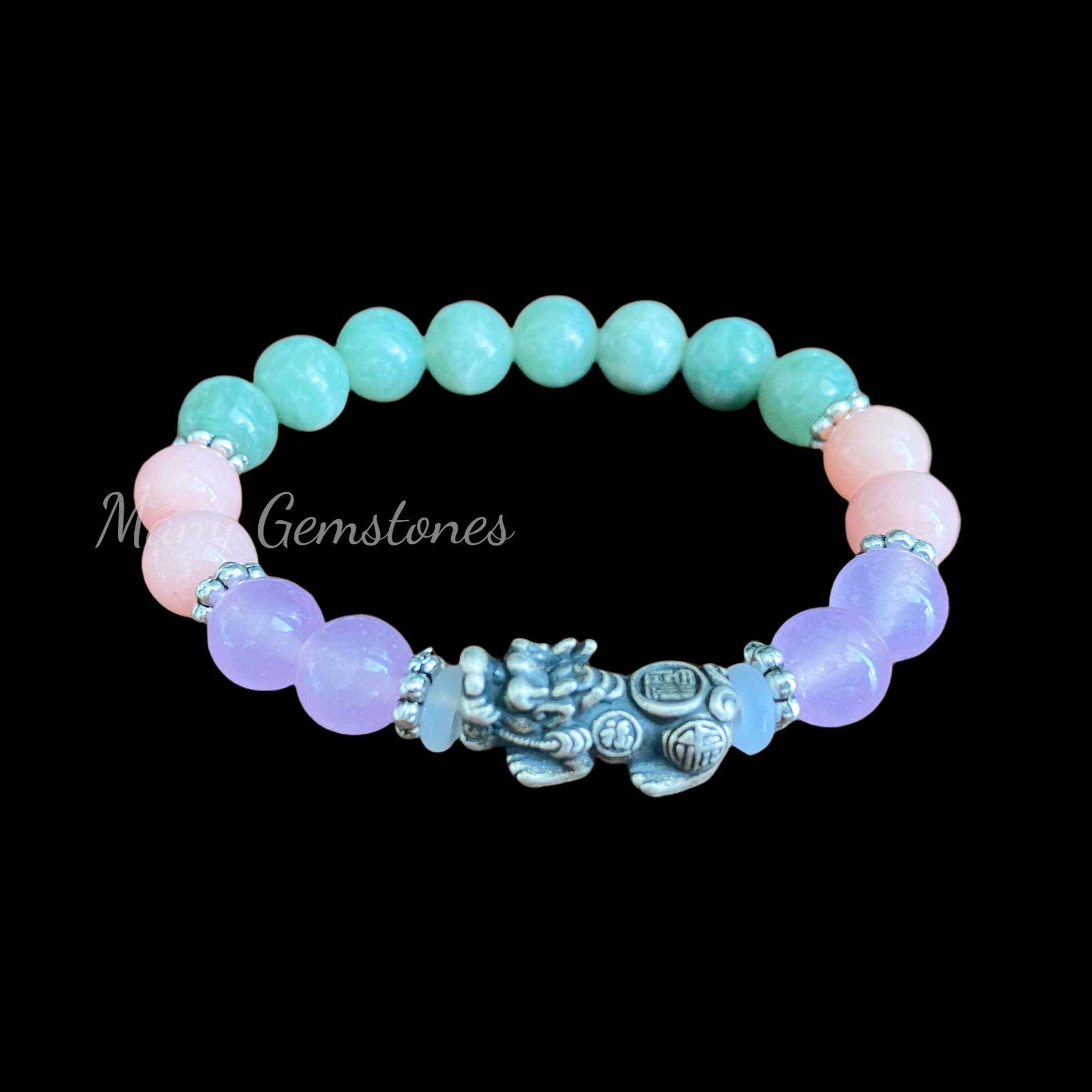 กำไลหินมงคล สร้อยข้อมือหินมงคล ปี่เซียะเงินแท้  Pink Opal + Jade + Lavender Amethyst