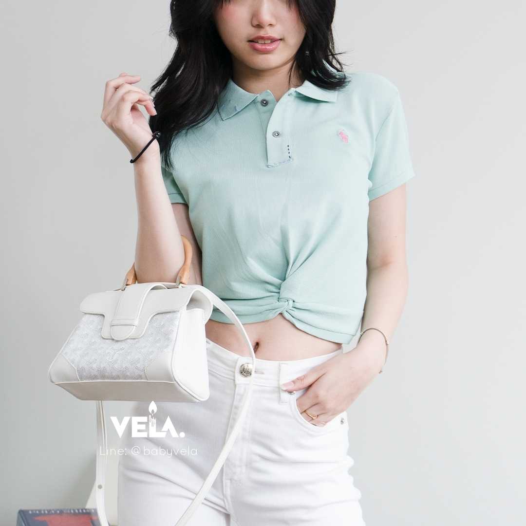 Girls Twist-Front Stretch Mesh Polo Shirt (Celadon W/ Pink)