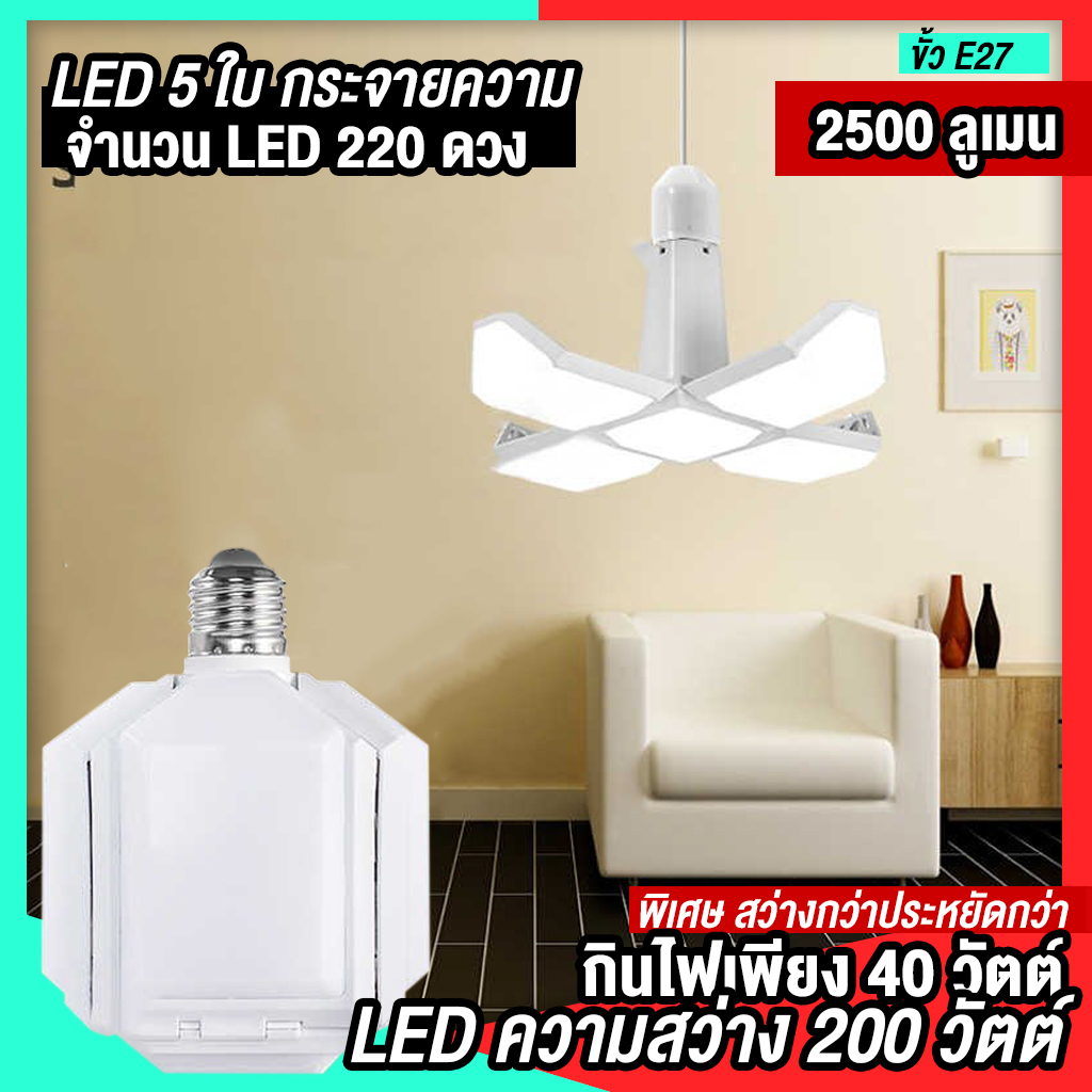 หลอดไฟ LED พับได้ ทรงใบพัด พับได้ Fan Blade LED Bulb รุ่น ไฟรูปเหลี่ยม 4+1 ใบ กินไฟ 40W