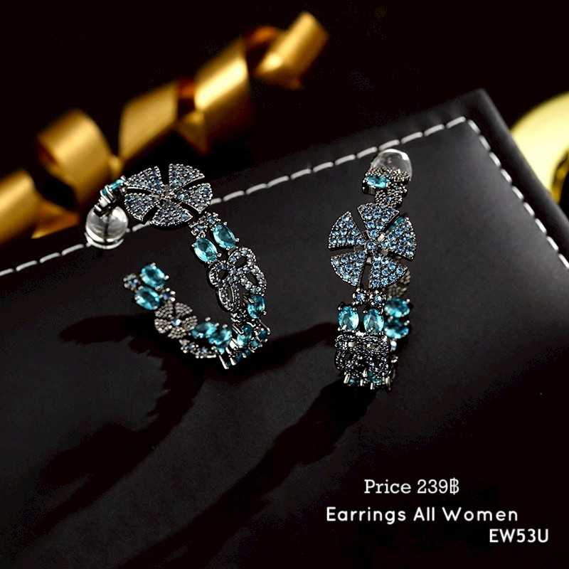 EW53U  ต่างหูห่วงดอกไม้สีฟ้า