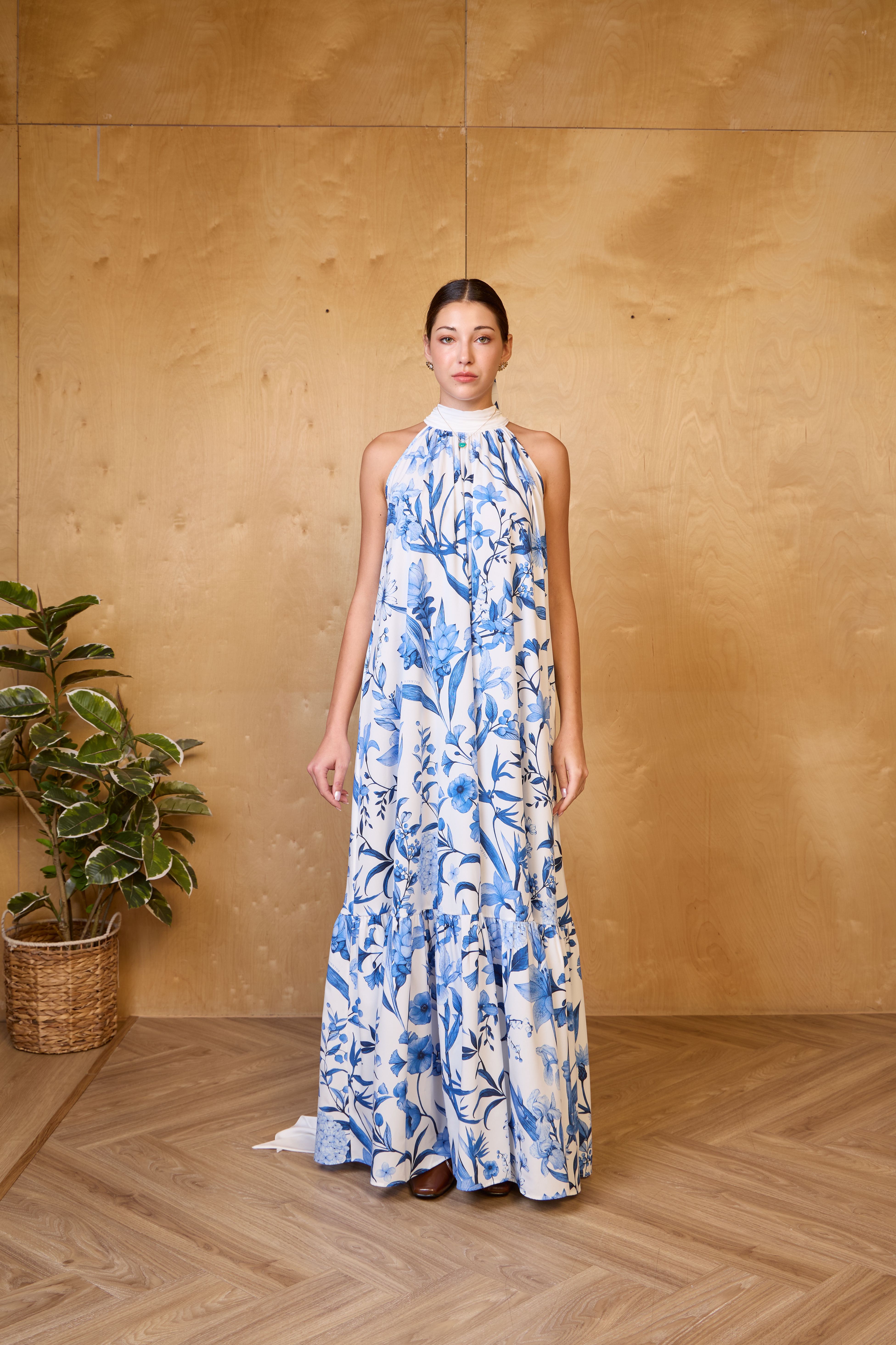 Blue Floral Halter Maxi Dress