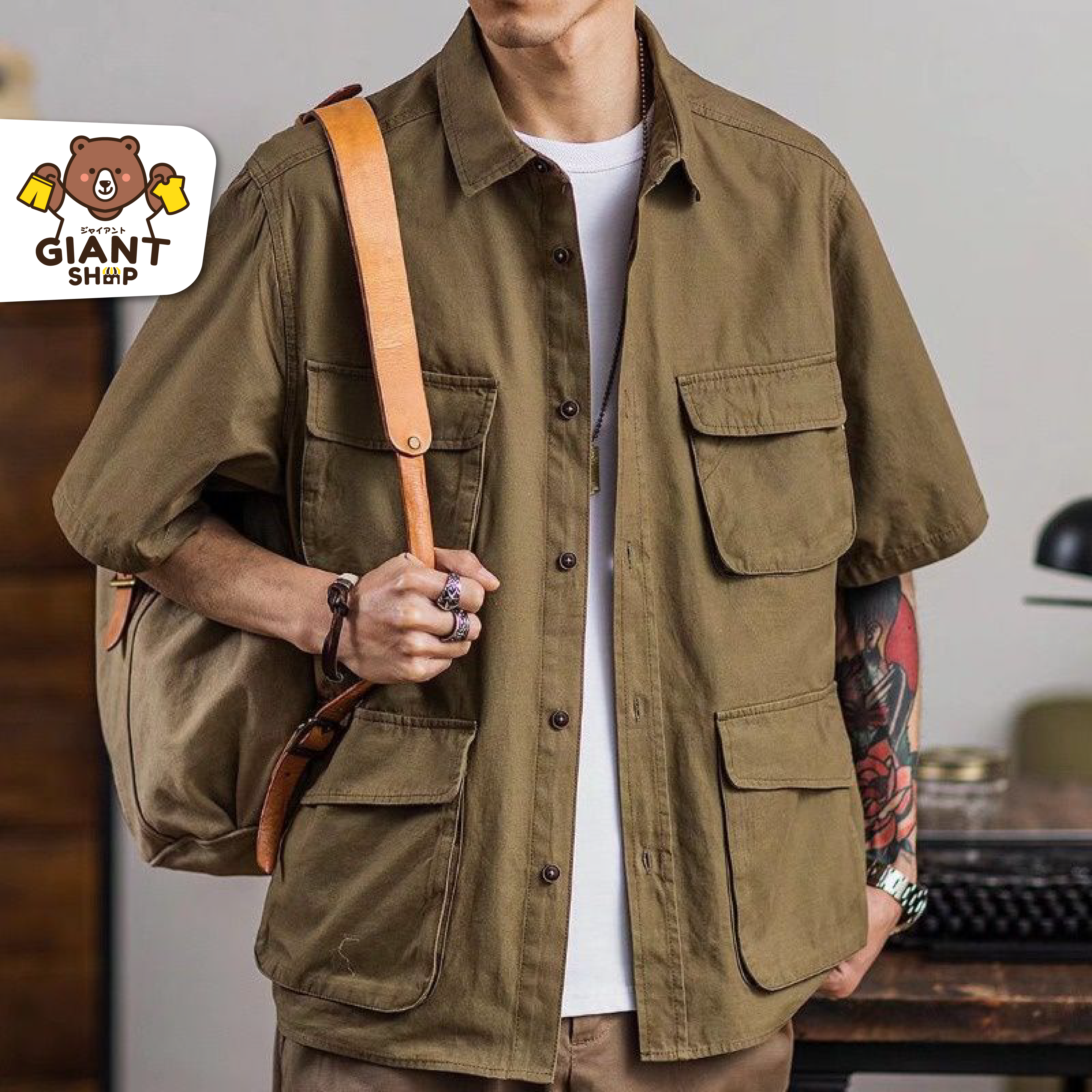GIANTSHOP เสื้อเชิ้ต แขนสั้น วินเทจ มีกระเป๋า (C-321)