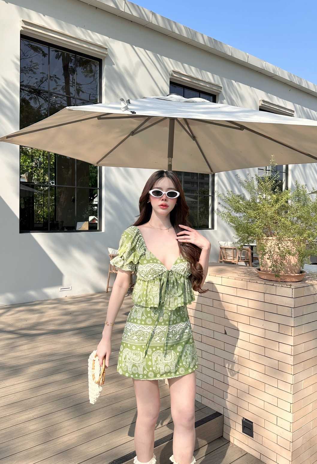 เสื้อแขนตุ๊กตา+กระโปรงกางเกง ลายช้างศรีสุข