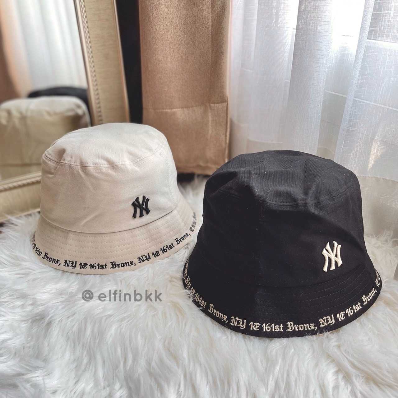 ขายดี⭐ MLB Gothic Bucket Hat หมวกปีกกว้าง หมวกบักเก็ต ปักอักษรที่ปีกหมวก สีเบจ