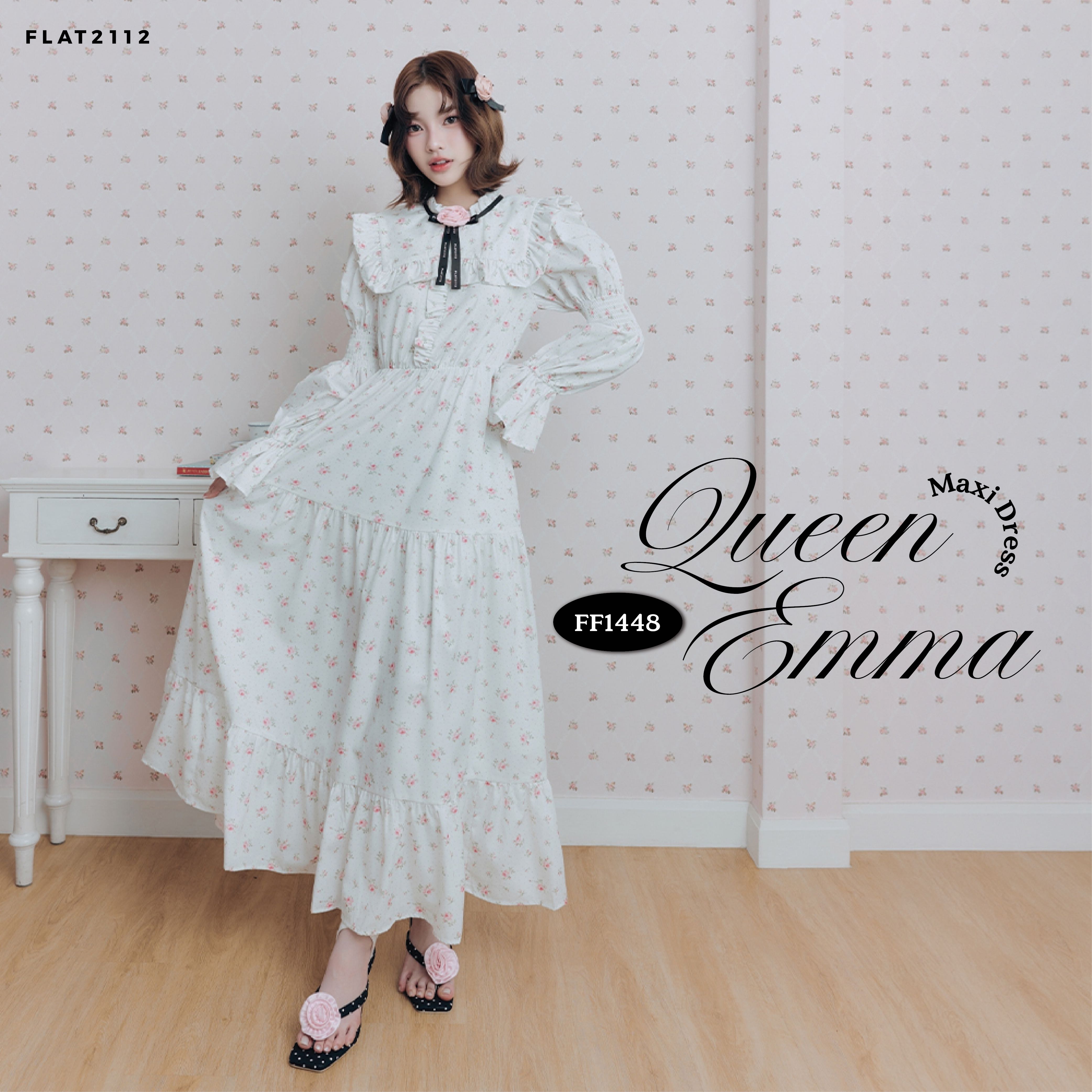 FLAT2112 : QUEEN EMMA MAXI DRESS เดรสยาวลายดอกสีขาวลูกคุณลุคเจ้าหญิงตัวเดียวจบหวานละมุน (FF1448)