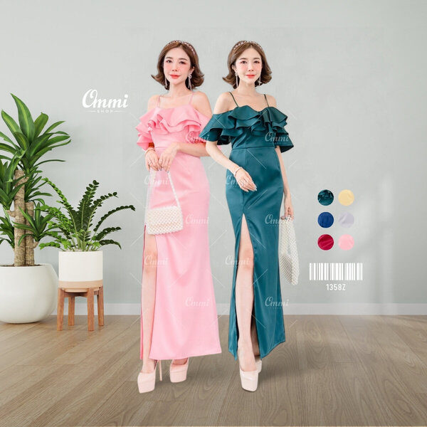 Ommishop ชุดราตรี 1358Z สายเดี่ยวแต่งระบายอก ผ้าซาร่าเงา เดรสออกงาน ชุดงานแต่ง เพื่อนเจ้าสาว