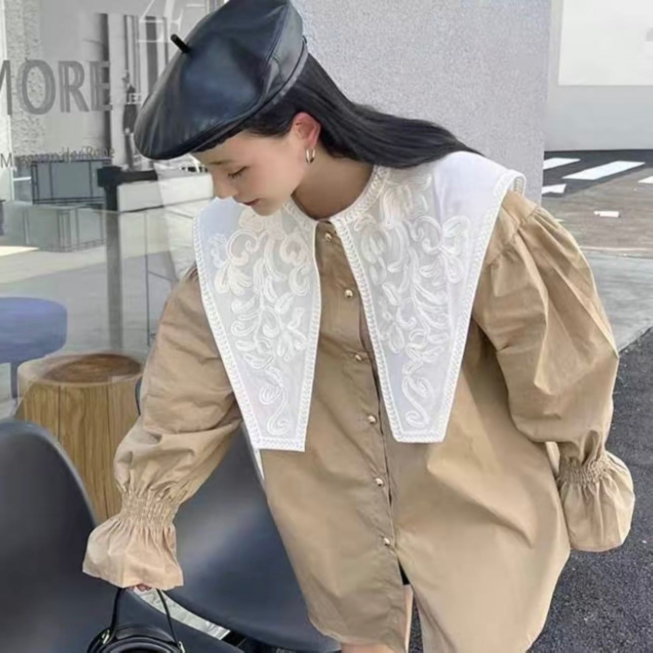 พร้อมส่ง‼️ GMG เสื้อแขนยาว คอปกปักฉลุลายดอกไม้  ผ้าคอตตอนพรีเมี่ยม ทรงโอเวอร์ไซส์