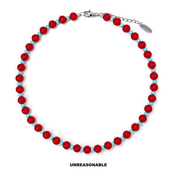 RED CURRENT NECKLACE. สร้อยคอลูกปัด สีแดงตัดสีฟ้า UA1031-01
