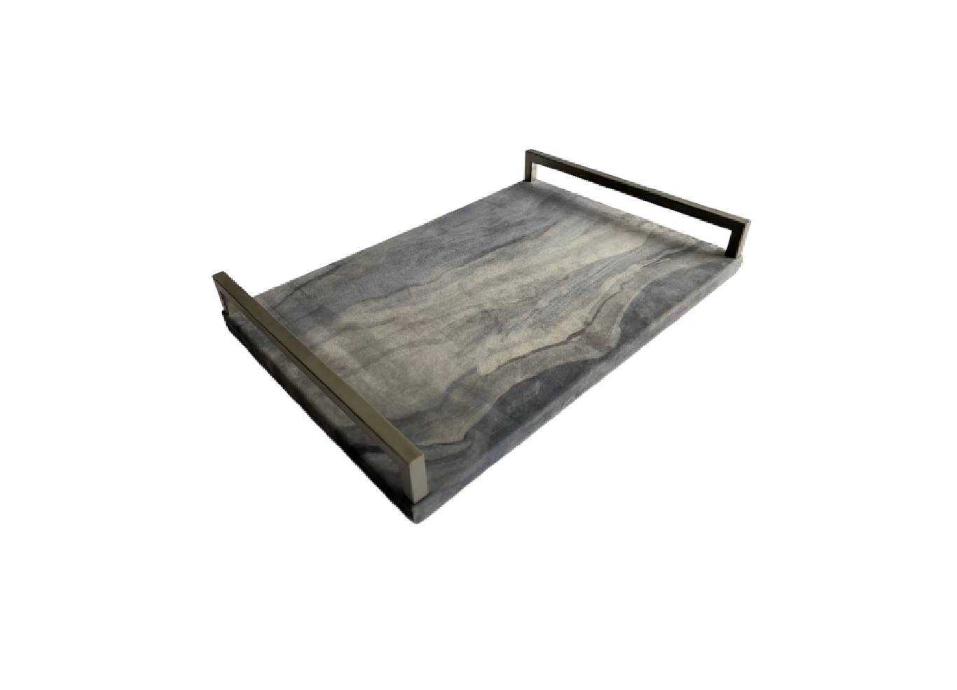 Tray w. Stainless Handle, Velvet Fabric, Gray, M