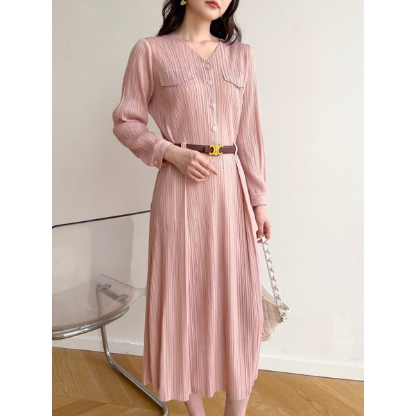 2MUAY รุ่น GJO1135 เดรสพลีทคุณภาพ V NECK LONG SLEEVE PLEATED DRESS 8 สี FREE SIZE