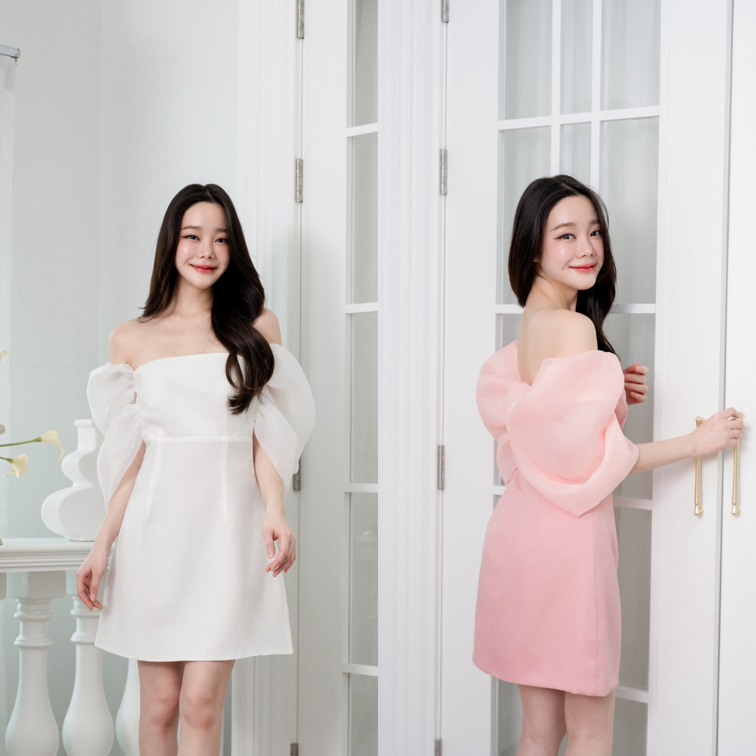 Pirunya - Mini Dress 35 เดรสสั้น มินิเดรส ปาดไหล่ แขนพองจับจีบผีเสื้อ ผ้าแก้ว