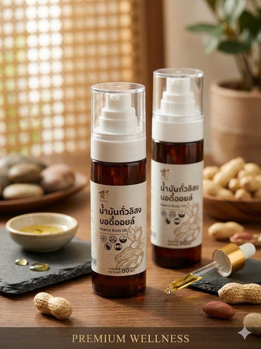 น้ำมันถั่วลิสง บอดี้ออยล์ ( 80 มิลลิลิตร ) ตราบ้านถั่วลิสง