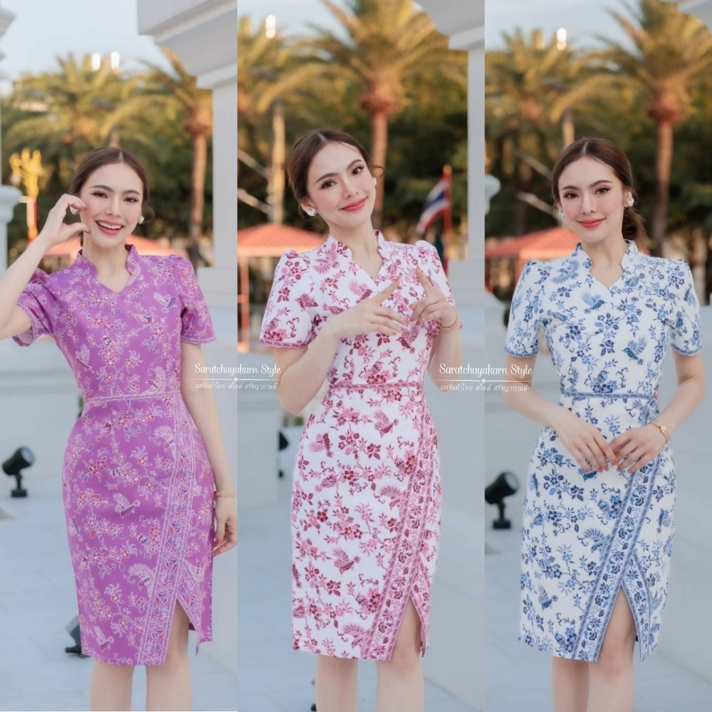 ชุดเดรสผ้า cotton พิมลายปาเต๊ะ ลายวิหคเกาะกิ่งเหมย คอจีน ผ่าหน้า ซิปซ่อนหลัง อัดกาวทั้งชุด