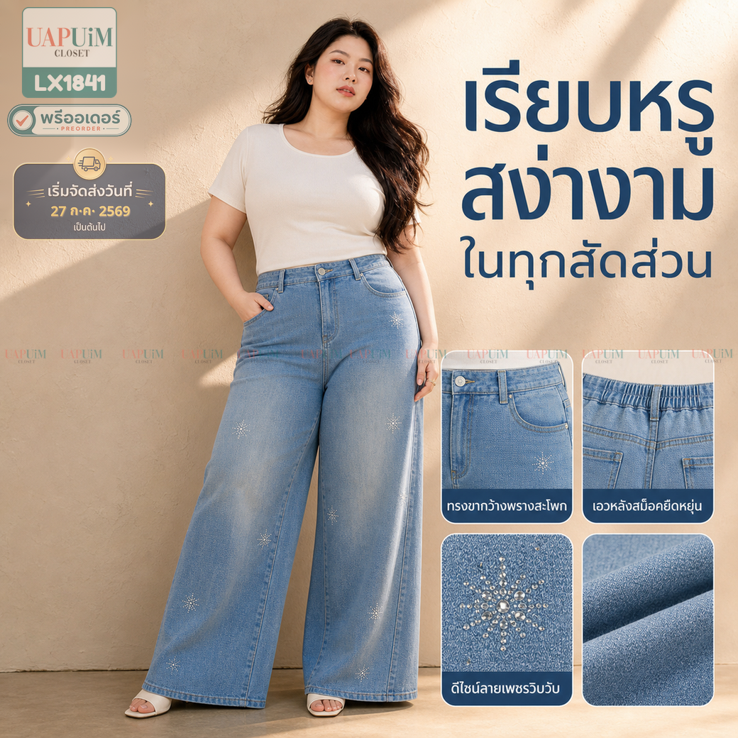 พรีออเดอร์ : LX1841 กางเกงยีนส์ขายาวทรงกระบอกกว้าง เอวสม๊อคหลัง ใส่สบาย