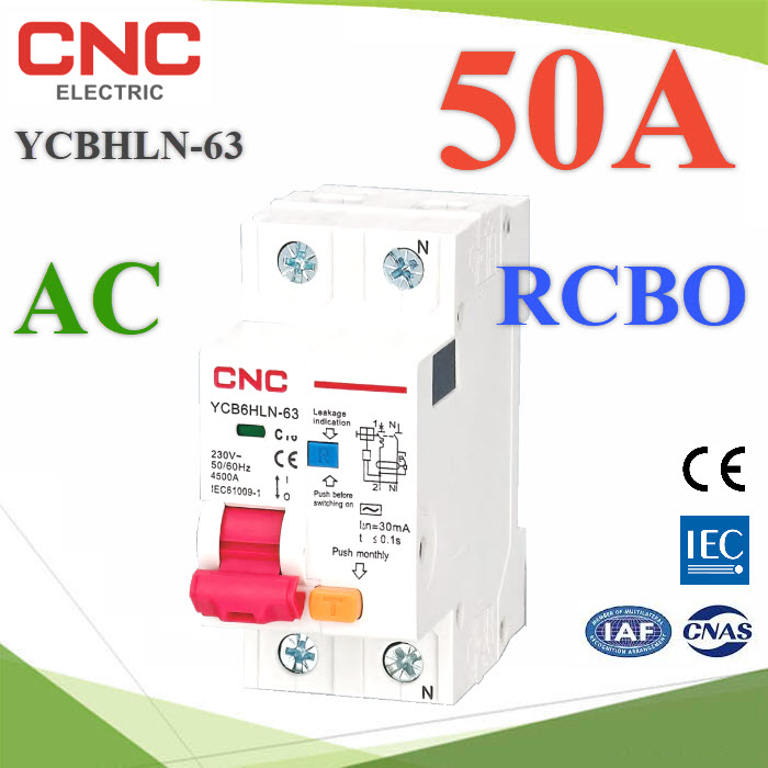 50A RCBO 2P AC L-N 30mA Residual Current Circuit Breaker MCB CNC