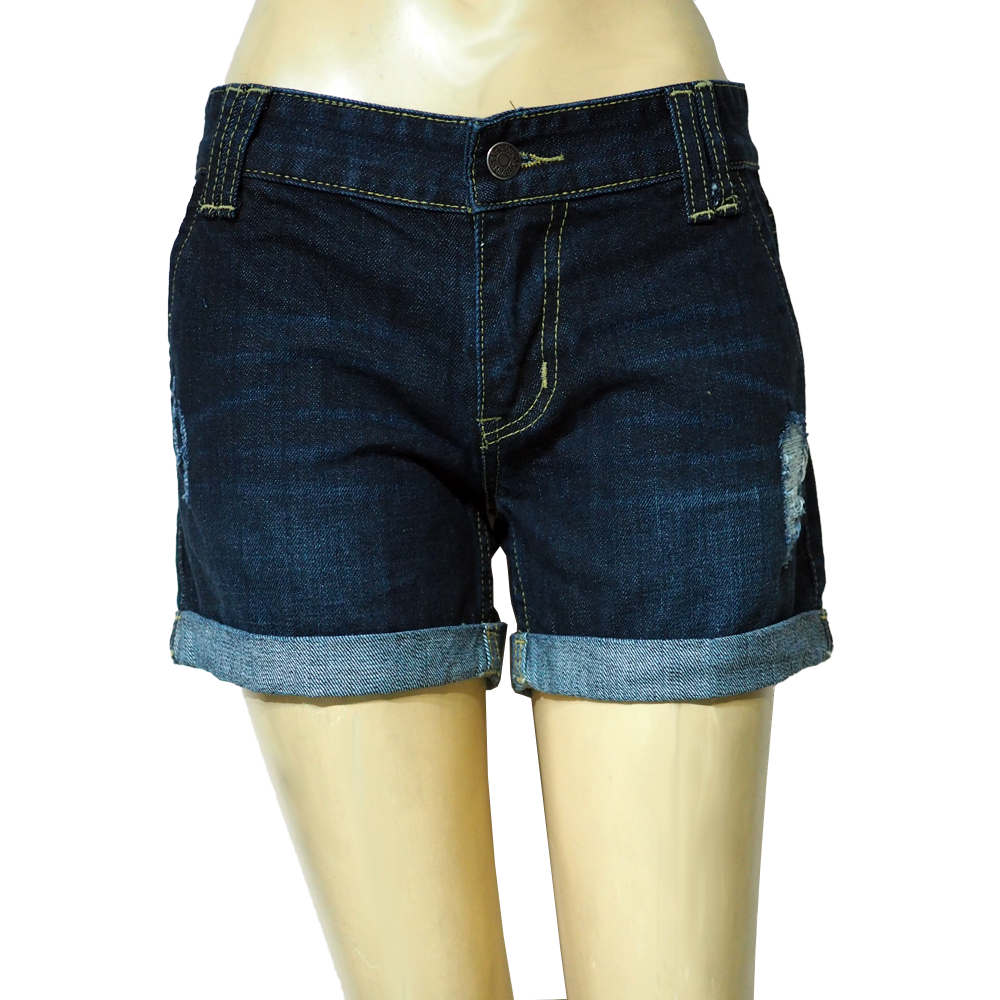 กางเกงยีนส์ ขาสั้น ผู้หญิง ผ้าไม่ยืด พับขา สีน้ำเงินเข้ม เจียขาด MEDIA JEANS (SN:MD06/1)