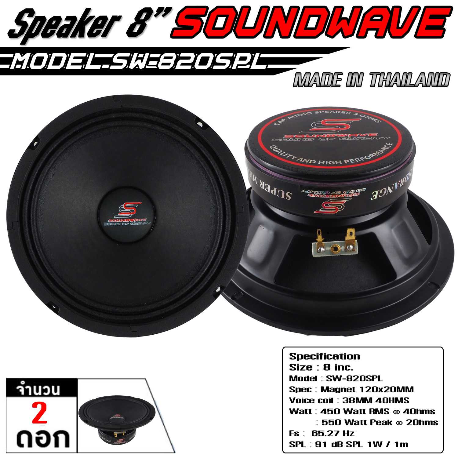 ดอกเสียงกลาง SW-820SPL 8นิ้ว 120x20v38mm 2ดอก SOUNDWAVE