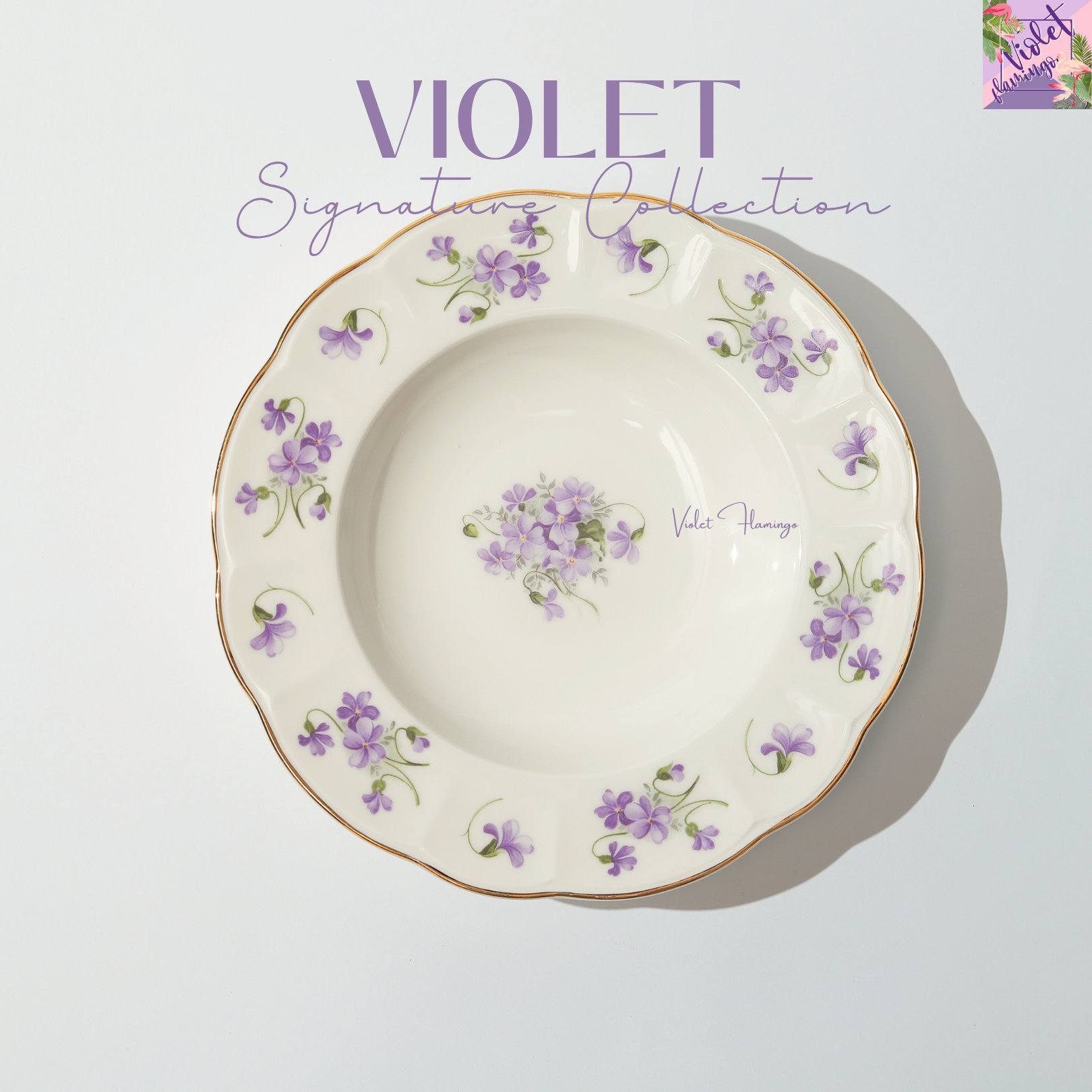 Violet Signature Collection- จานก้นลึก ขนาด 23 ซม. (9 นิ้ว) จานลายดอกไม้สีม่วงขอบทอง