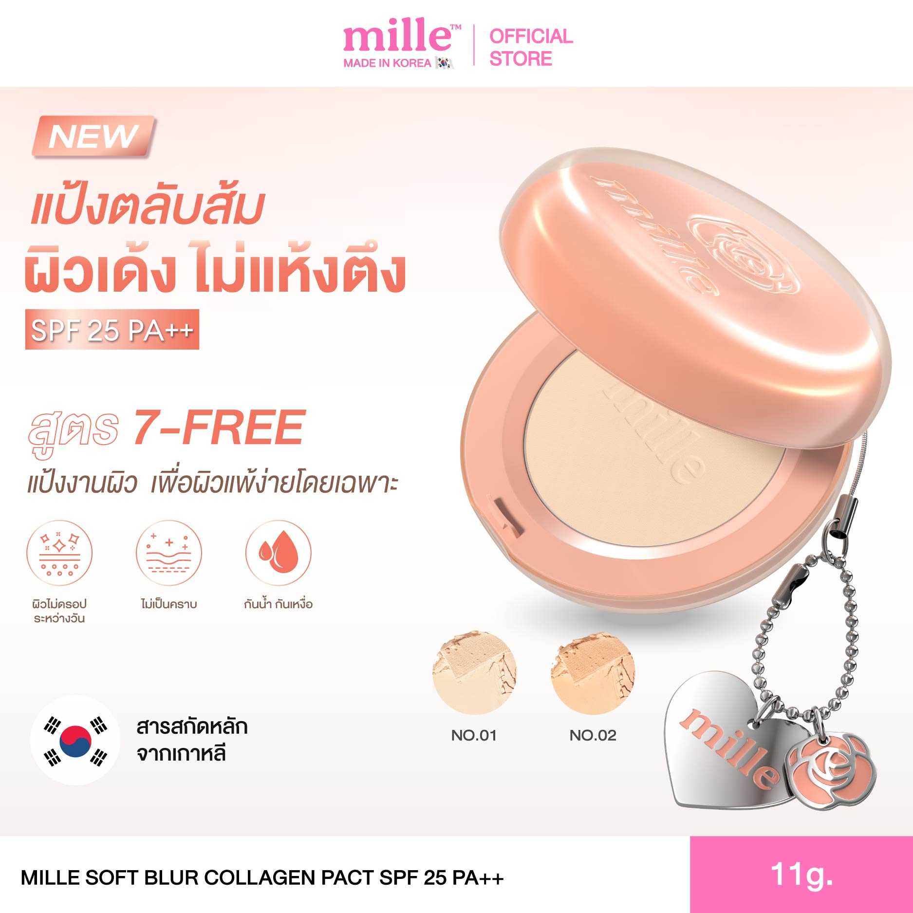 [ใหม่! มิลเล่แป้งตลับส้ม ผิวเด้ง ไม่แห้งตึง] Mille Soft Blur Collagen Pact SPF 25 Pa++ 11g.