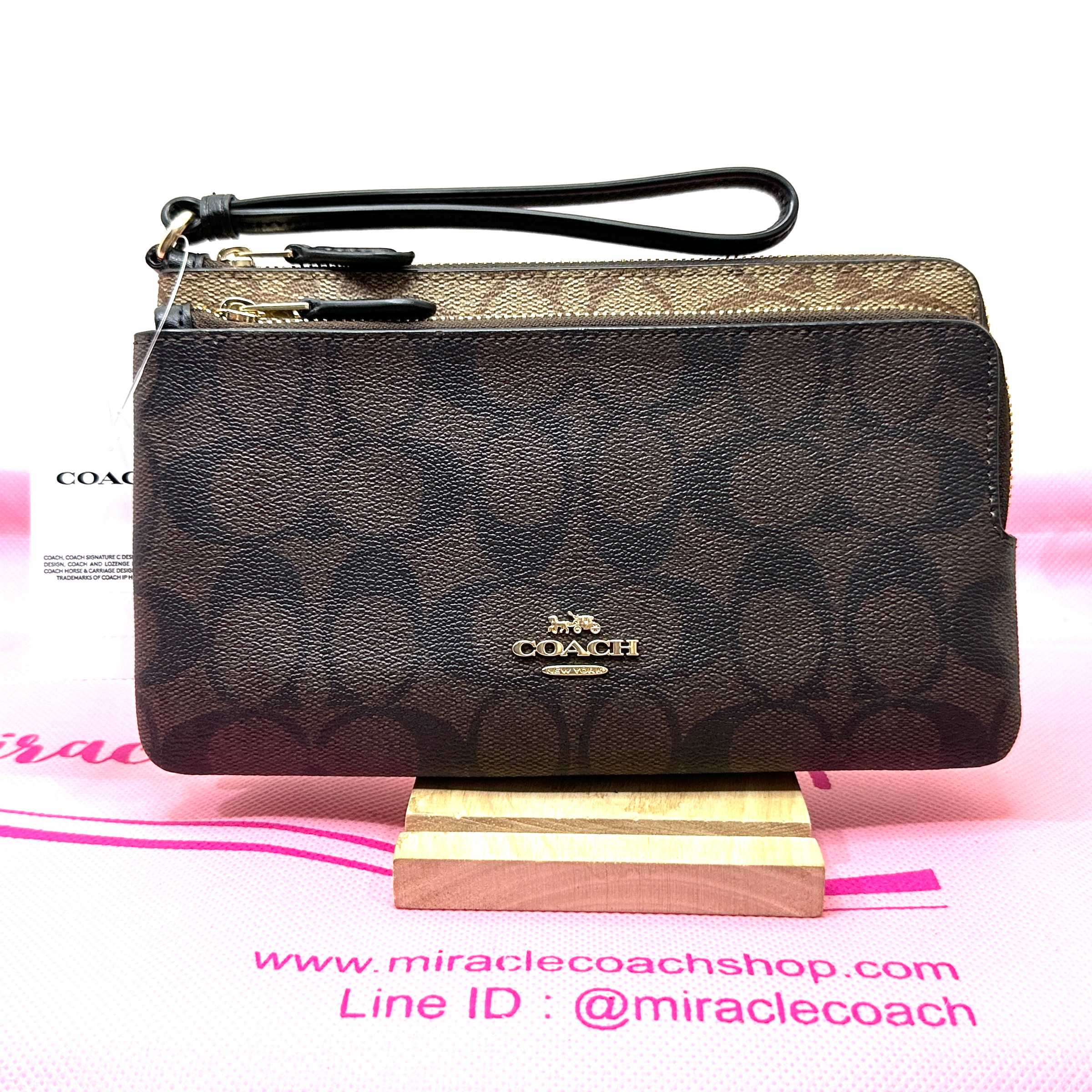 กระเป๋าสตางค์คล้องมือ COACH ของแท้ C7313 LARGE DOUBLE CORNER ZIP IN BLOCKED COATED CANVAS