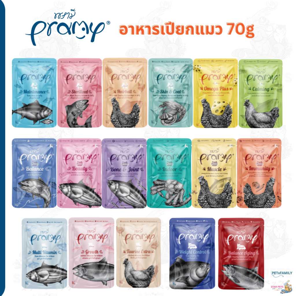 Pramy Pouch อาหารเปียกแมว แบบซอง อาหารลูกแมว อาหารแมวโต อาหารแมวสูงวัย สูตรใหม่ ขนาด 70g