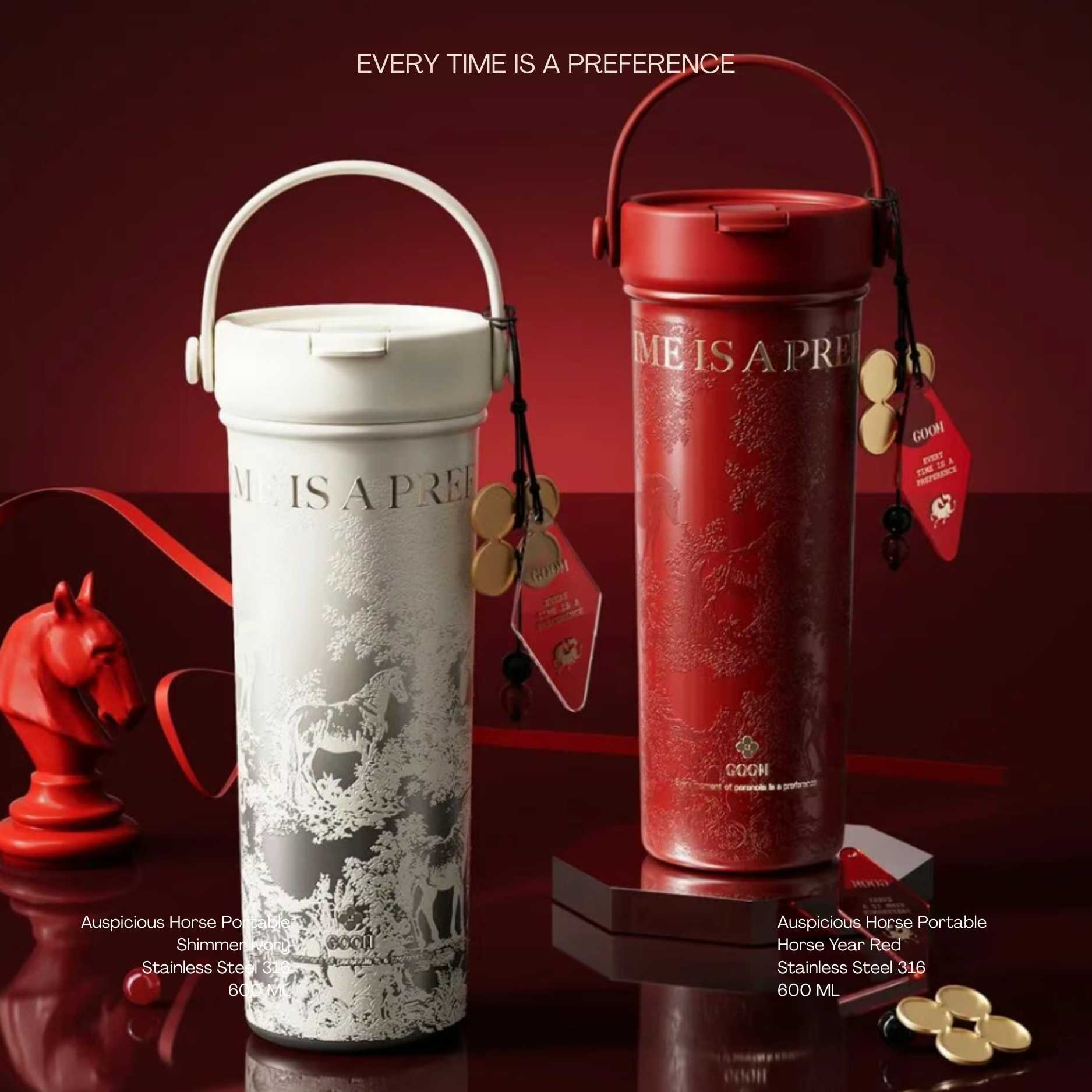 GOOM 600ml ชุดของขวัญปีม้า ชุดของขวัญตรุษจีน แก้วเก็บอุณหภูมิสแตนเลส 316 และแก้วลายดอกไม้พกพา สะดวก