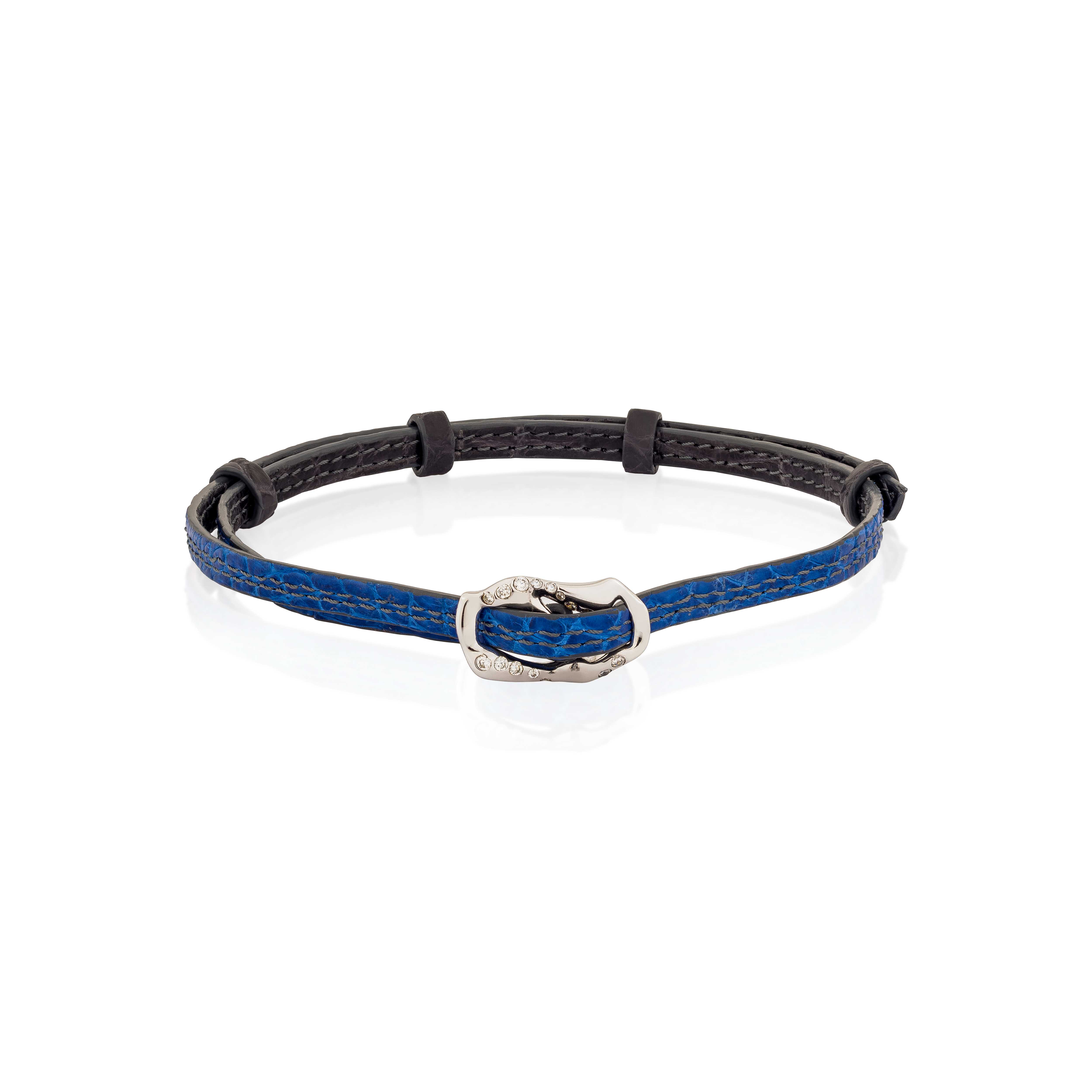 HOJ Signature Chain leather necklace จี้เข็มขัดฝั่งเพชร+สร้อยคอหนังแท้ (Silver:grey & blue)