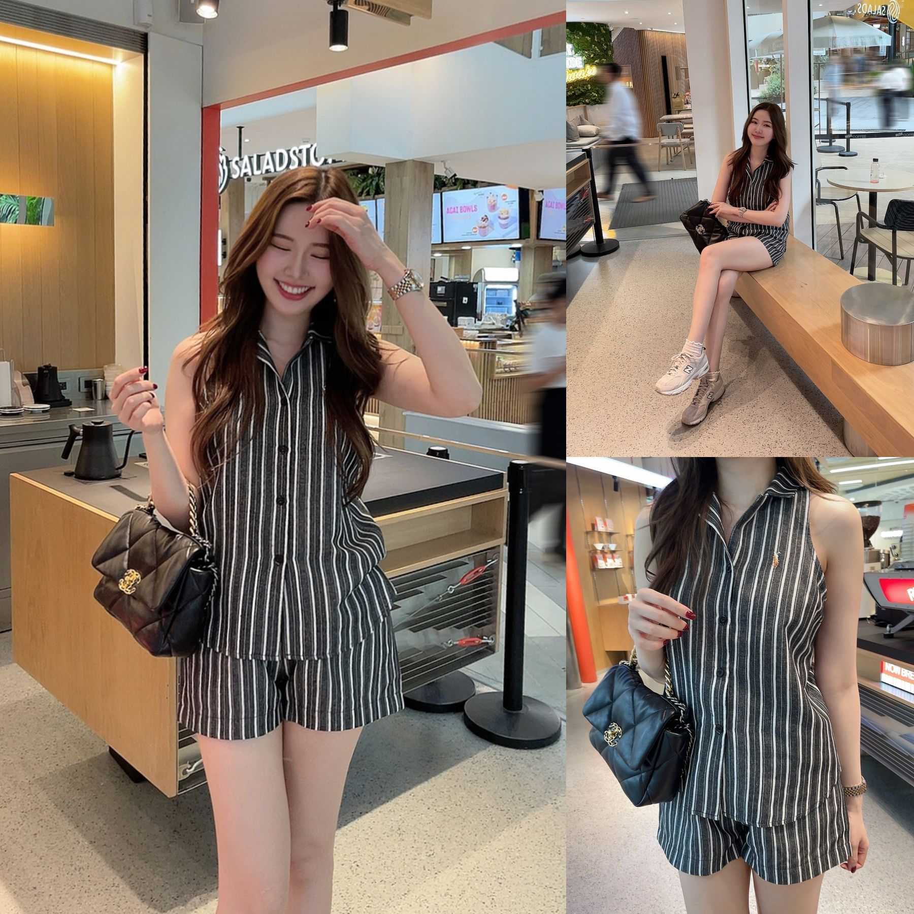 ฟ้า/ดำ SLYQ YACHT CLUB STRIPE SLEEVELESS TOP & SHORTS SET เซ็ตลายทางเสื้อคอปกแขนกุดกับกางเกงขาสั้น