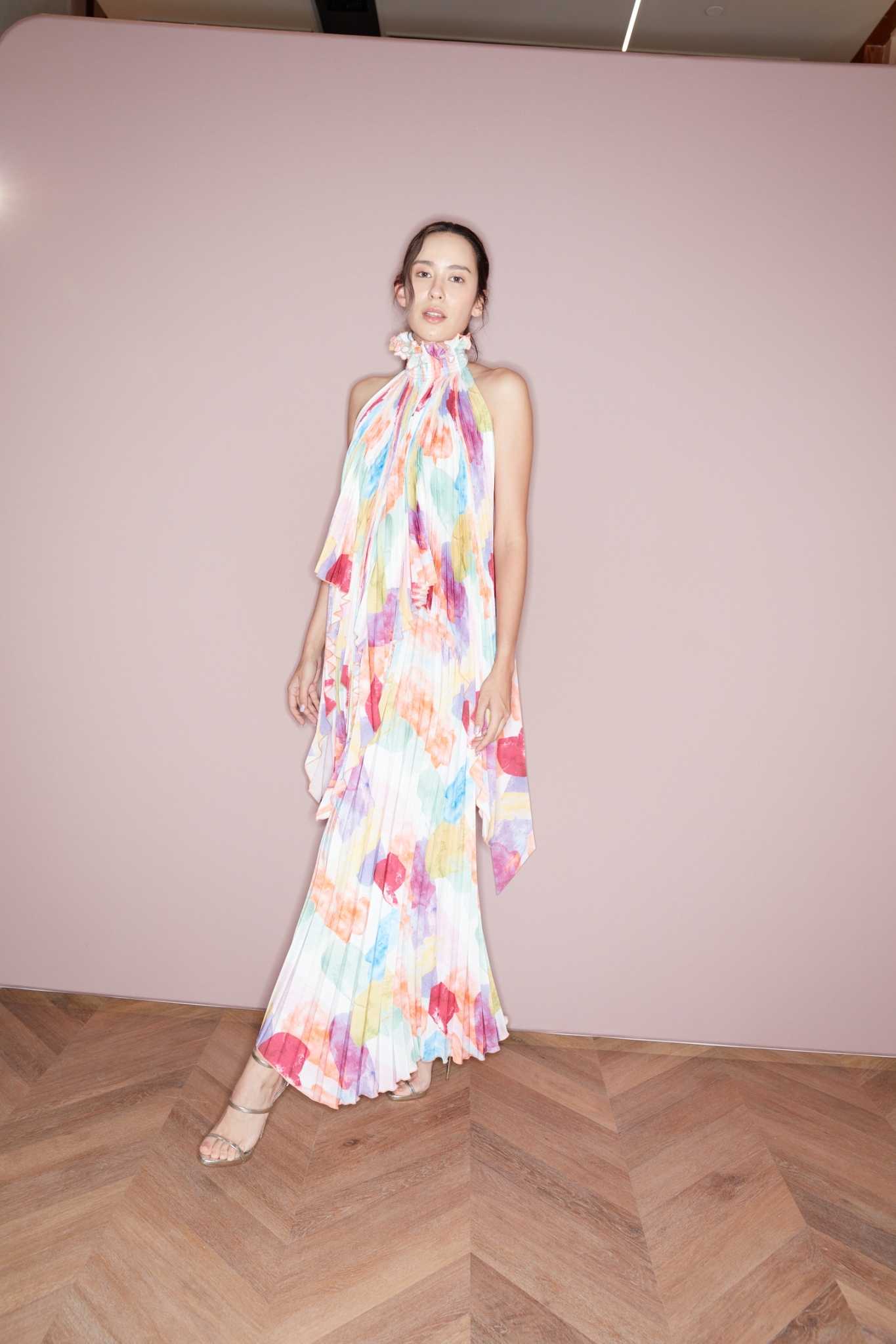Ruffle neck open back set (Top & Skirt) - Water Colour