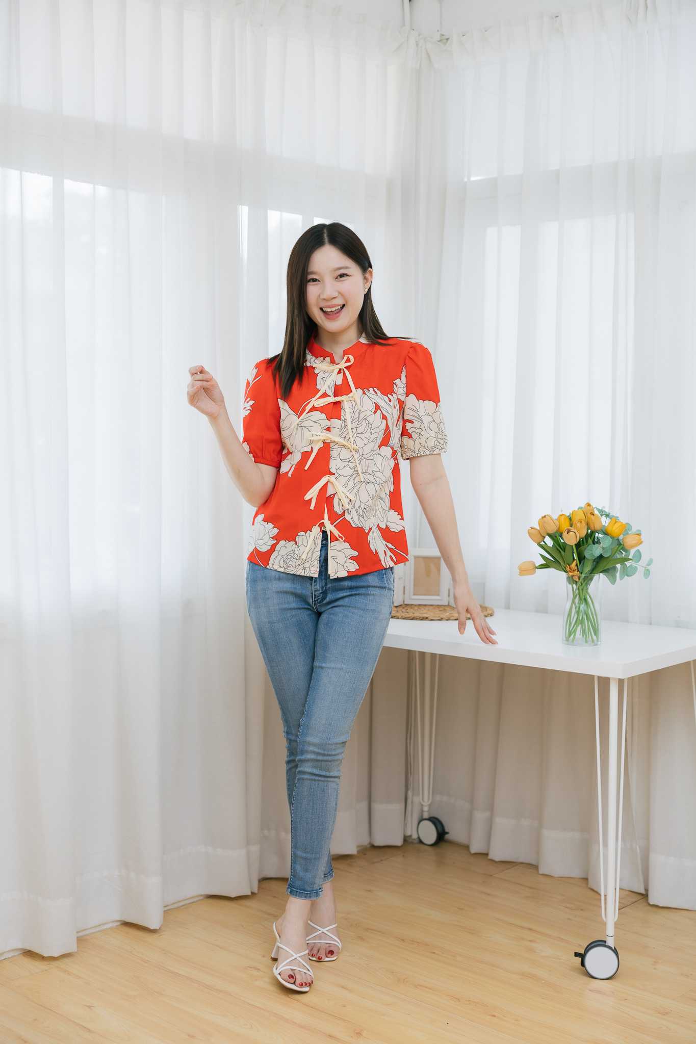 เสื้อให้นม Red Chiness bow top