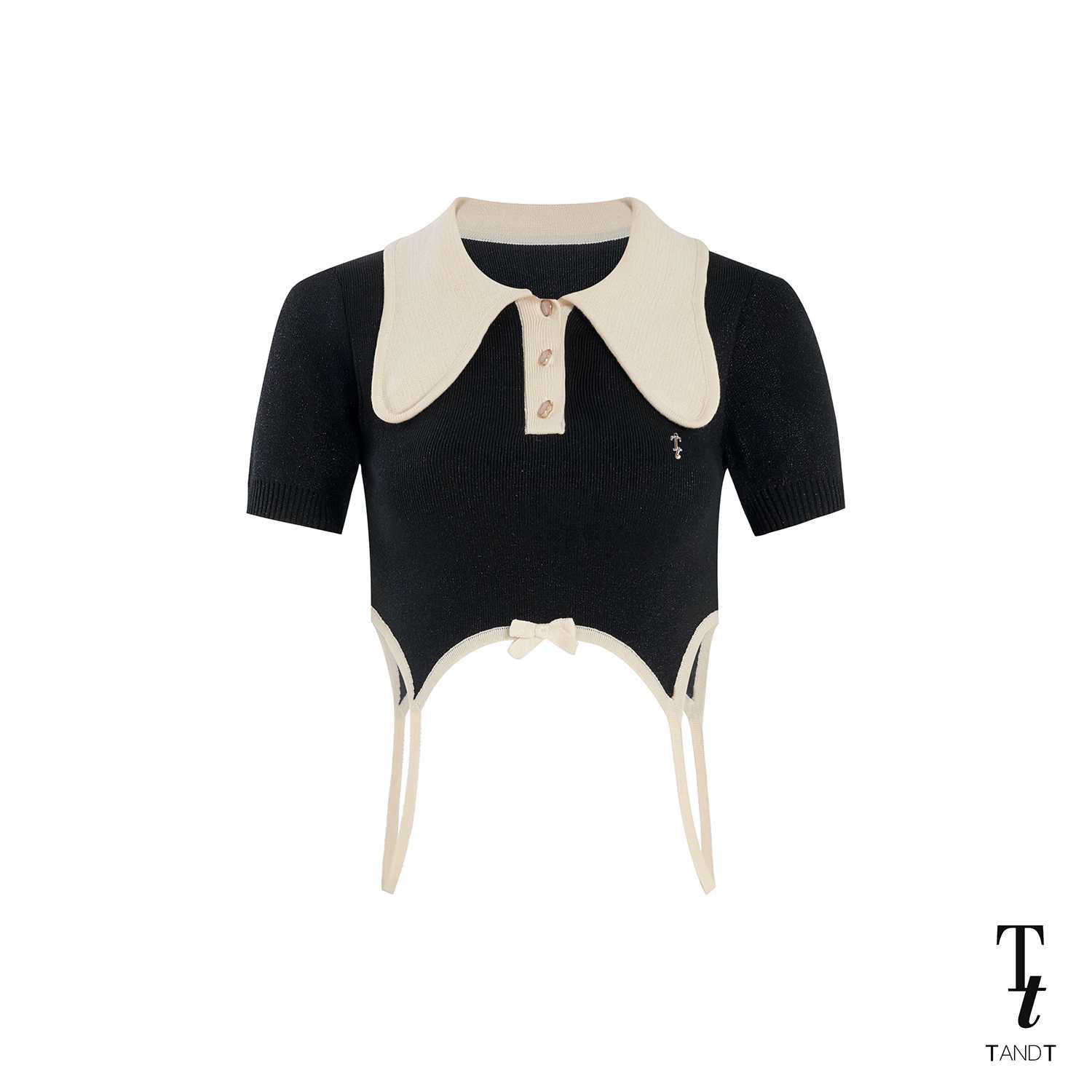 TandT - KIKI BLACK AND WHITE TOP - TWO-TONE BOW TRIM KNITTED POLO CROP TOP