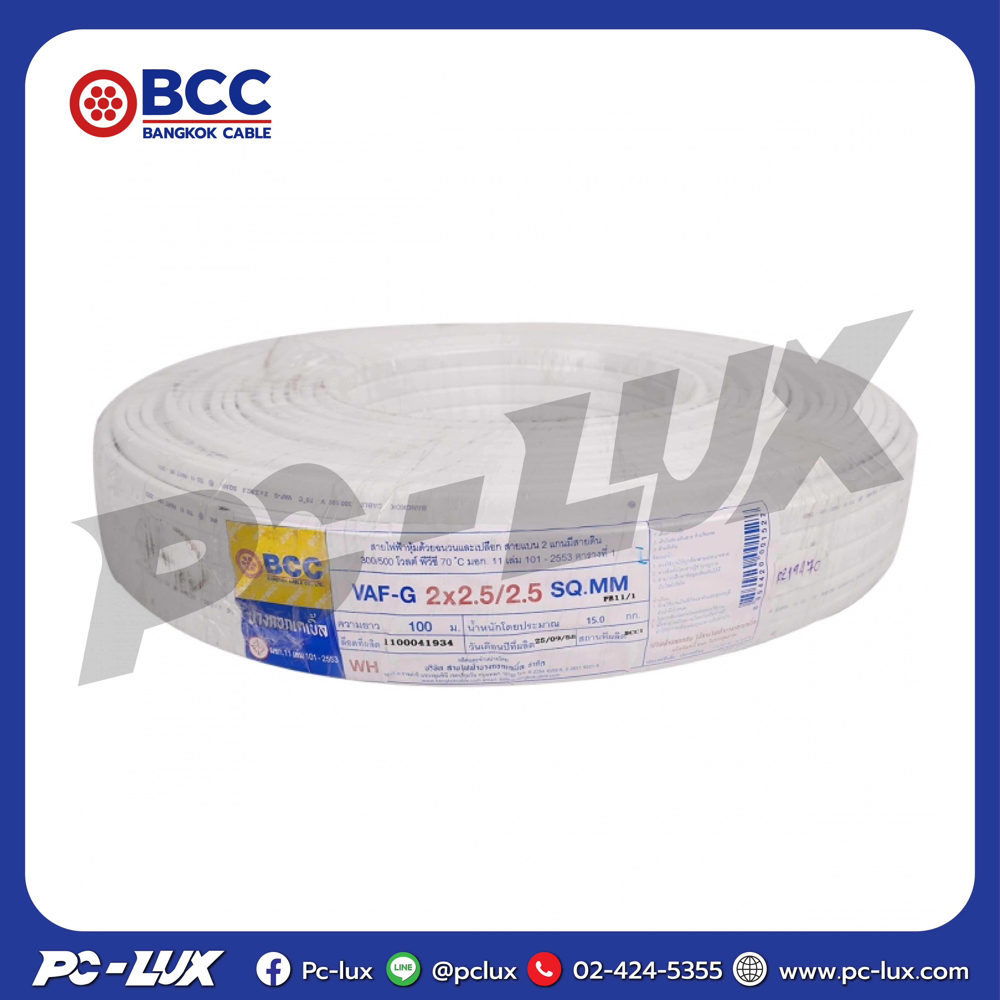 สายไฟ VAF-G BCC 2x2.5/2.5 ตร.มม. 100 ม. สีขาว