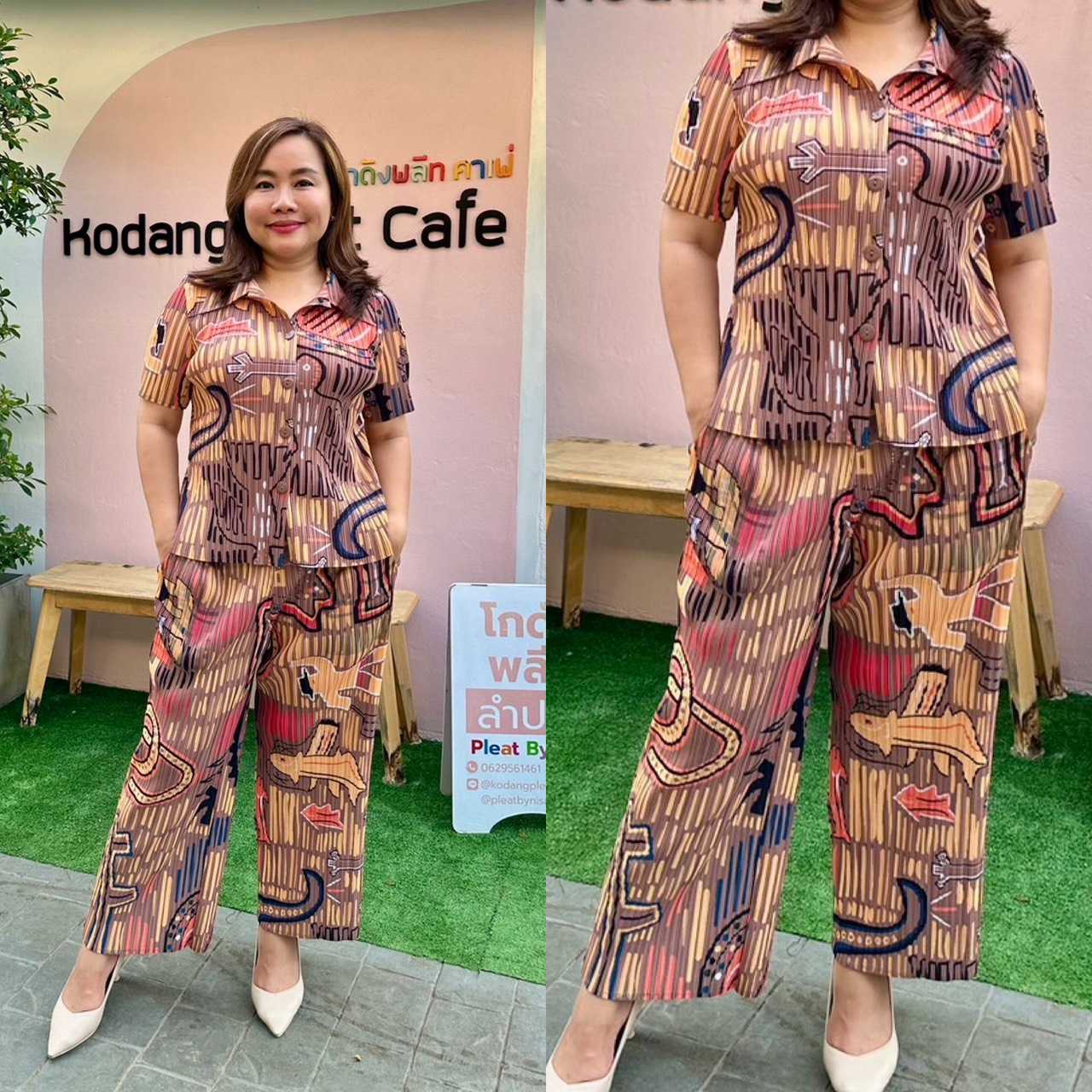 Pleatbynisa A195 ชุดเซ็ตอัดพลีท ลายกราฟฟิก เสื้อกระดุมผ่าหน้า ฟรีไซส์